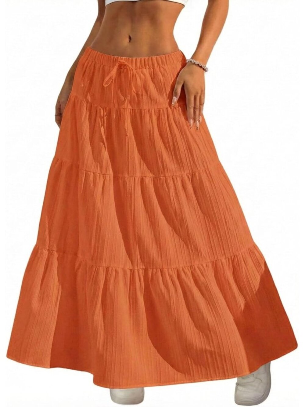 Women's Boho Flowy Orange Maxi Skirt Flared Ruffle A Line Spring Long Skirts